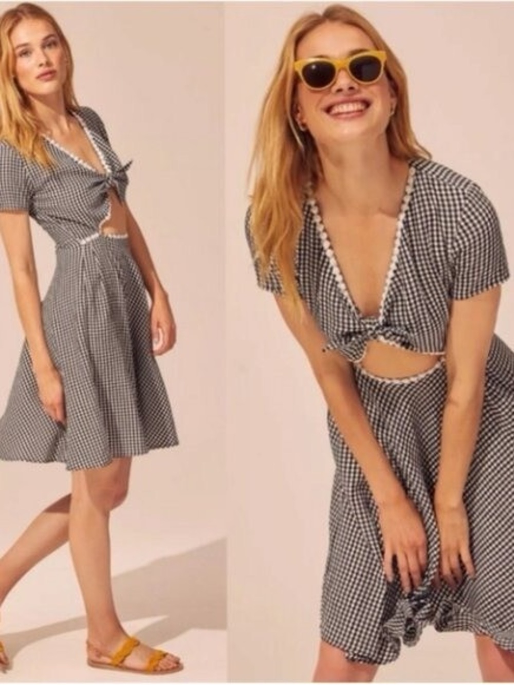 SOLID & STRIPED Black and White Gingham Midi Tie-Front Dress